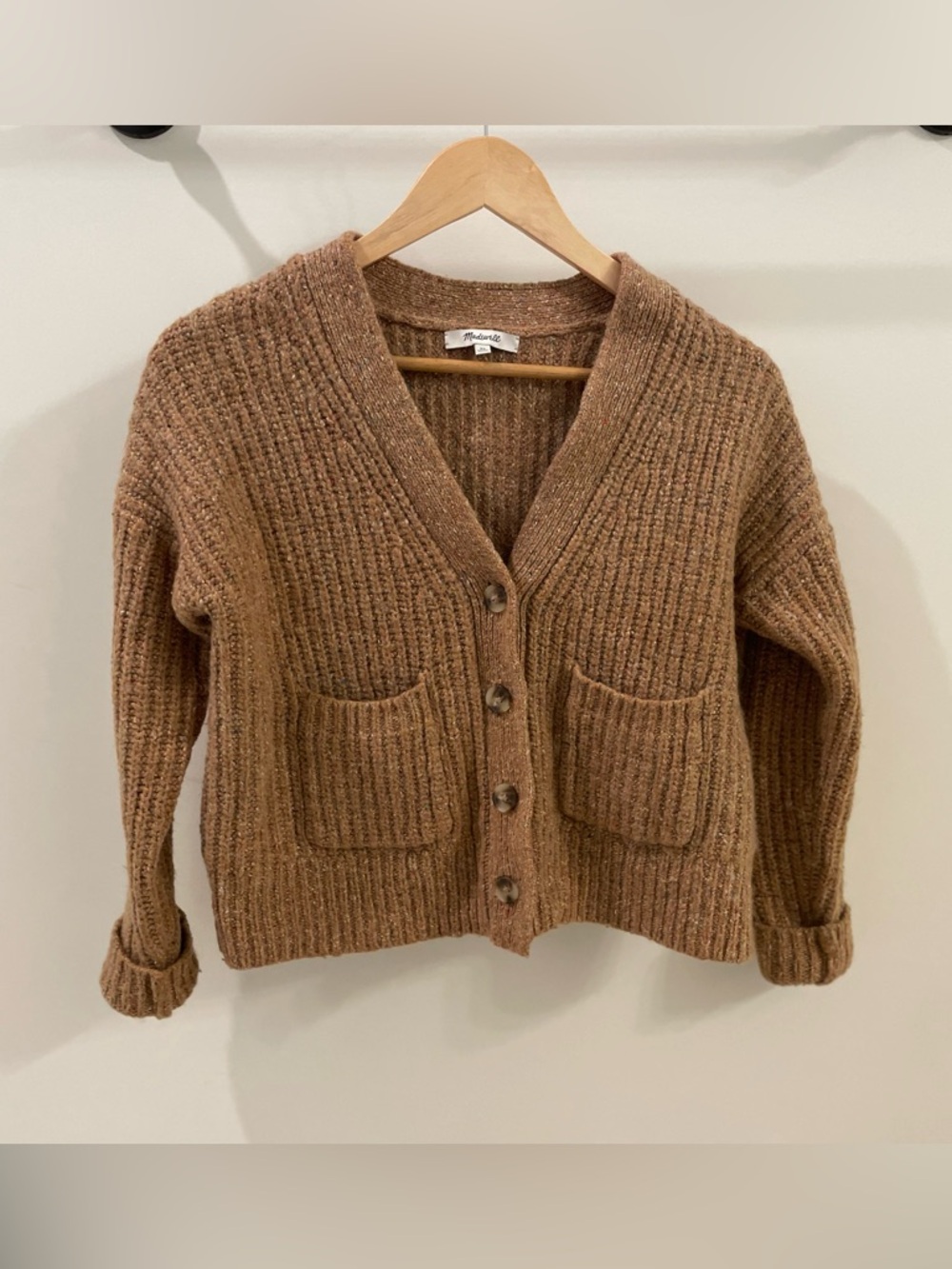 Madewell Camel Brown Ribbed Cardigan XS Button Front Cropped Cozy Knit Sweater